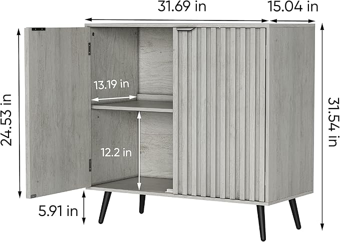 Semiocthome Gray Buffet Cabinet with Storage, Sideboard with Fluted Doors and Metal Legs, Storage Cabinet with Adjustable Shelf, Accent Table for Living Room, Dining Room, Kitchen, Entryway