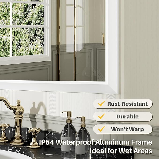 48x30 Inch White Bathroom Mirror for Wall, Thick Metal Framed Rectangle Mirrors for Over Sink, Bedroom, Living Room, Entryway, Anti-Rust, HD Tempered Glass