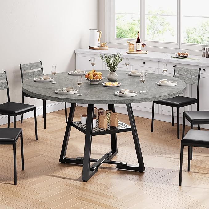 51" Round Dining Table for 6,Kitchen Dining Room Circle Dinner Pedestal Table,Space Saving Wood Kitchen & Dining Room Furniture (Grey, 51In)