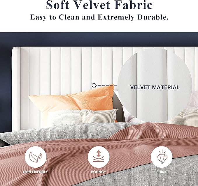 Allewie Full Size Velvet Bed Frame/Vertical Channel Tufted Wingback Headboard/Upholstered Platform Bed/Strong Wooden Slats/No Box Spring Needed/Easy Assembly/White