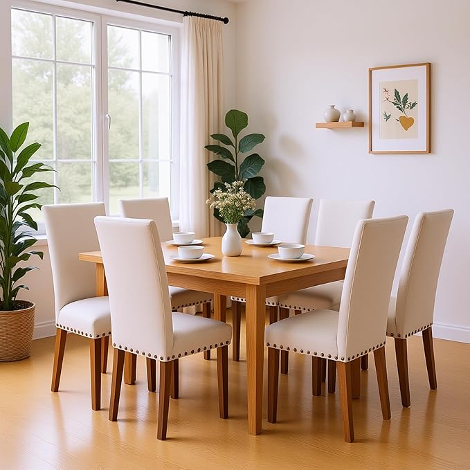 Set of 6 Beige Upholstered Dining Chairs – Farmhouse Kitchen Chairs with High Back, Solid Rubberwood Legs, Padded Foam Seat & Bronze Nailhead Trim, Comfortable Dining Room Chairs for Home