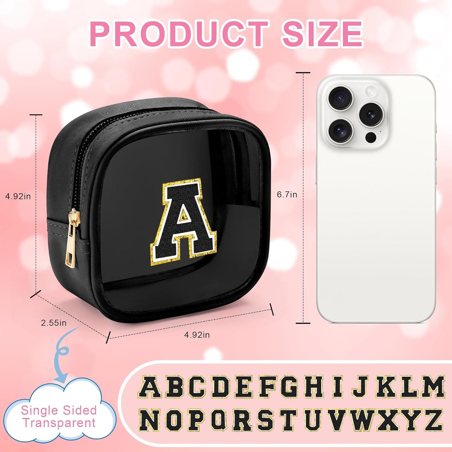 YOOLIFE Initial Mini Makeup Bag | Make Up Bag Travel Toiletry Bag | Clear Makeup Bag | Preppy Cosmetic Bags Organizer Travel Essentials Gifts for Women Teen Girlfriend Teacher Birthday Gifts Black A