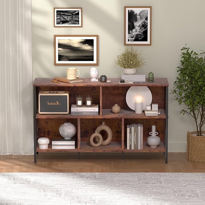 5 Cube Storage Organizer Shelf,Industrial Horizontal Bookshelf,Short Wide Cubby Bookcase,Low Large Book Shelf Metal Storage Organizer Open Shelf for Bedroom Living Room,Home,Office,47 in(Brown,5 Cube)