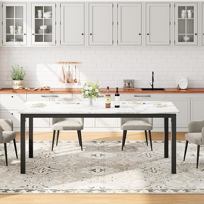 GarveeHome 78.7in Industrial Dining Table for 6, Wooden Long Dinner Table with Mortise Tenon Design, Kitchen Table with Sturdy Metal Legs, for Dining Room Home Office Living Room, White
