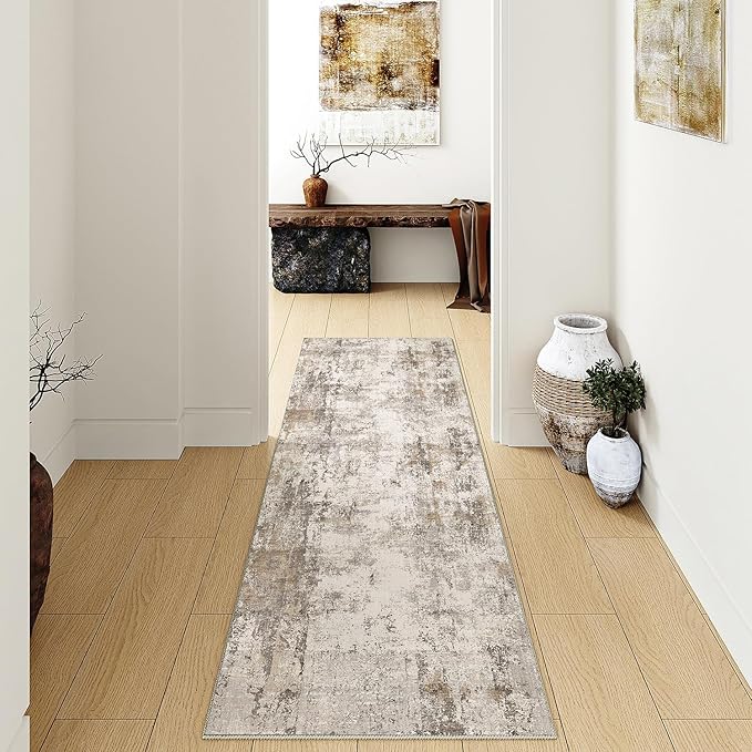 3x8 Washable Runner Rug Brown Grey Neutral Abstract Hallway Kitchen Living Room Bedroom Non Slip Throw Rug Soft Low Pile Indoor Carpet for Entrance Laundry Bathroom