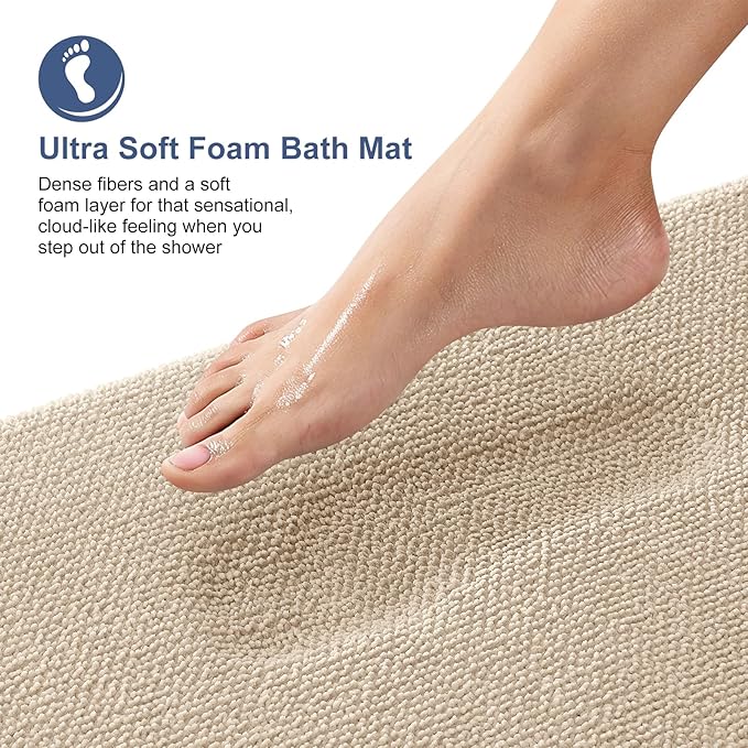 OLANLY Thick Memory Foam Bath Mat Rug 70x24, Extra Soft Absorbent Bathroom Rug, Quick Dry Bath Mats, Non-Slip, Machine Washable Carpet for Bathroom, Tub and Shower, Home Decor Accessories, Beige