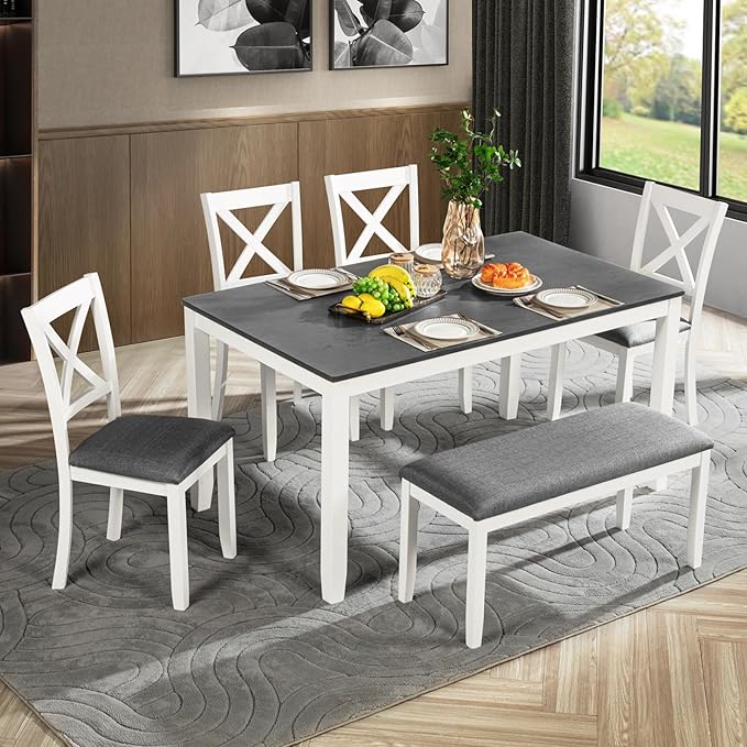 KEIKI 6-Piece Standard Height Dining Table Set with Rectangular Table, 4 Upholstered Chair, Bench, for 6 Person, Modern Style Wooden Table Set, Easy Assembly, for Kitchen, Dining Room, White+Gray
