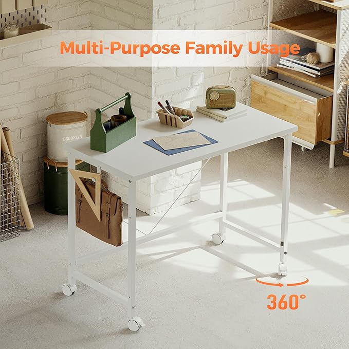 Rolling Computer Desk with Wheels, Gaming Desk for Small Spaces, Modern Simple Style Table for Home Office, Study Writing Table (Caster, White, 40 inch)