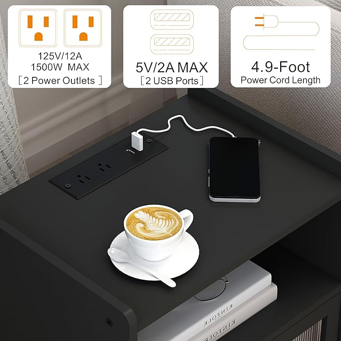 Nightstand with Charging Station, Bedside Tables, End Table Side Table with 2 Tiers Storage Space, for Bedroom, Living Room, Black CAMLBZ07BE