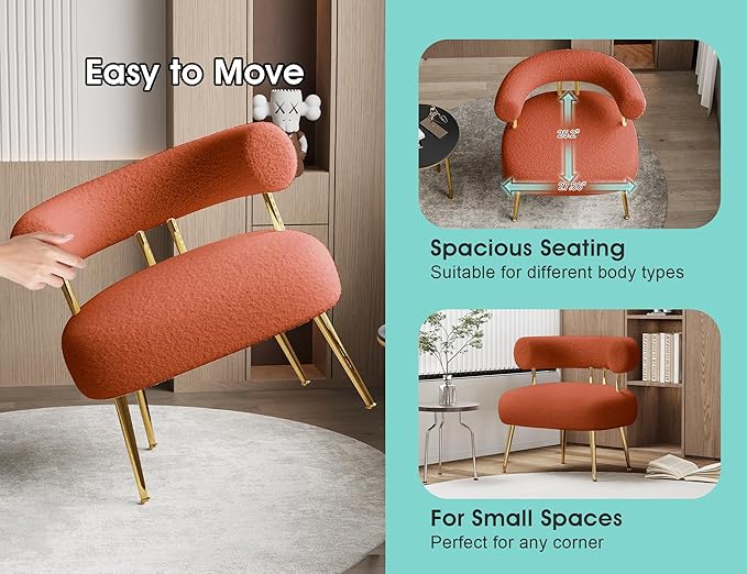 Mid Century Sherpa Boucle Accent Chair, Round Upholstered Barrel Arm Chair for Small Spaces, Fluffy Side Corner Sofa Chair for Living Room, Bedroom, Vanity, Office, Reading Nook(Orange)