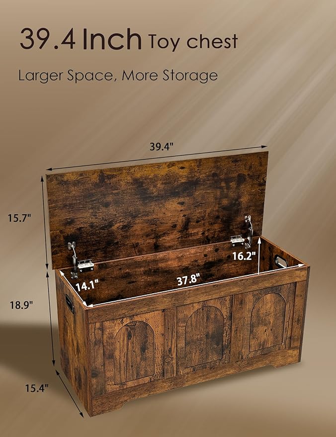 DINZI LVJ Storage Chest, 39.4”Wooden Storage Box with 2 Safety Hinges, Entryway Shoe Bench with Flip-Top, Trunk for Living Room, Bedroom, Easy Assembly, Rustic Brown