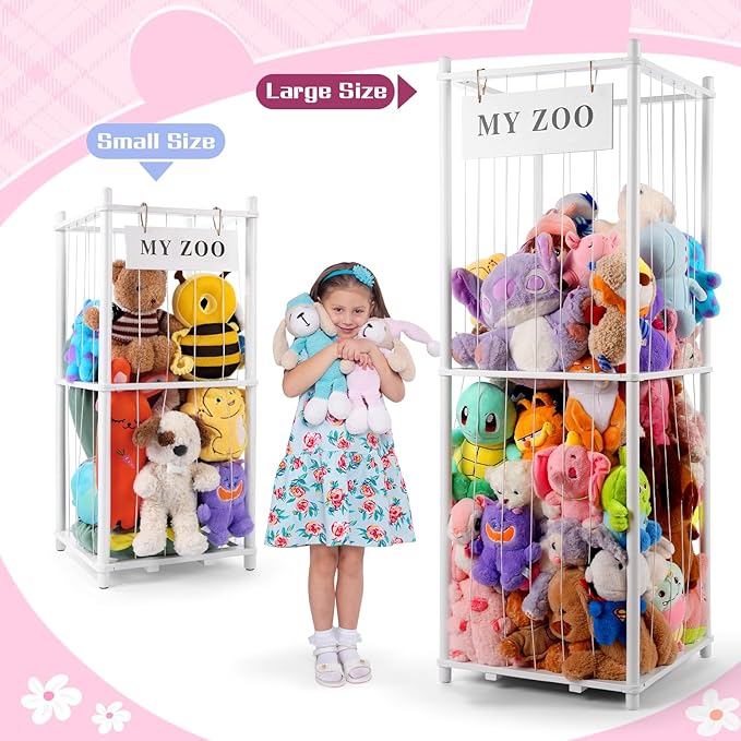Stuffed Animal Storage Zoo, Wooden Stuffed Animal Organizer with Elastic Cords for Boys Girls, Space Saving Toy Plushies Storage Holder for Playroom, Bedroom, Living Room (White, Small)