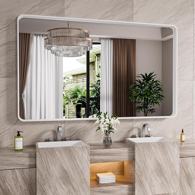 White Bathroom Mirror 72x36 Inch, White Metal Framed Bathroom Mirror for Wall, Rounded Rectangle Matte Bathroom Vanity Mirror, Tempered Glass, Anti-Rust, Horizontal/Vertical