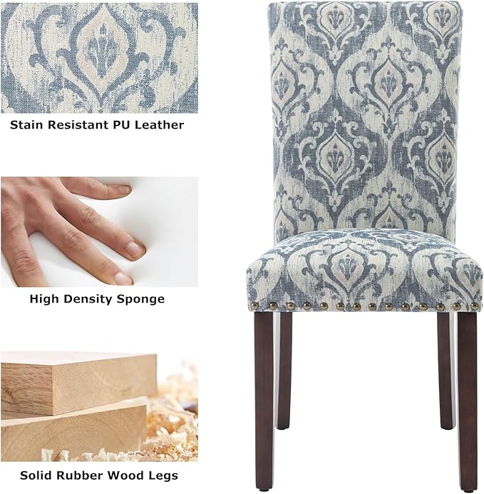 COLAMY Upholstered Parsons Dining Chairs Set of 2, Fabric Dining Room Kitchen Side Chair with Nailhead Trim and Wood Legs - Blue/White Flower