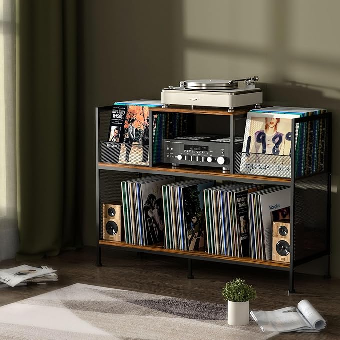 Large Vintage Record Player Table with 4 Adjustable Dividers, Vinyl Record Storage Cabinet for Up to 350 Albums, Medieval Turntable Stand for Living Room, Bedroom (Patent Pending)
