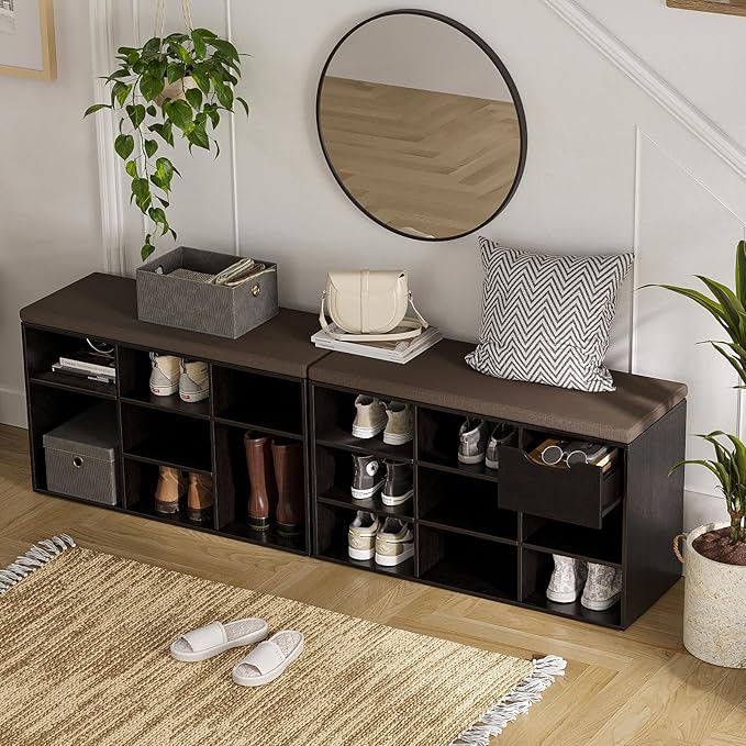 DINZI LVJ Shoe Bench,Entryway Storage Bench with Drawer and 8 Cubbies,Cubby Rack Adjustable Shelves,Shoe Organizer Cabinet for Living Room,Bedroom,Mudroom,Closet Garage,Espresso