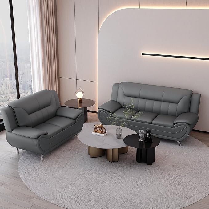 Container Furniture Direct Michael Modern Faux Leather Upholstered Stainless Steel Legs Living Room Loveseat, Sleek Gray