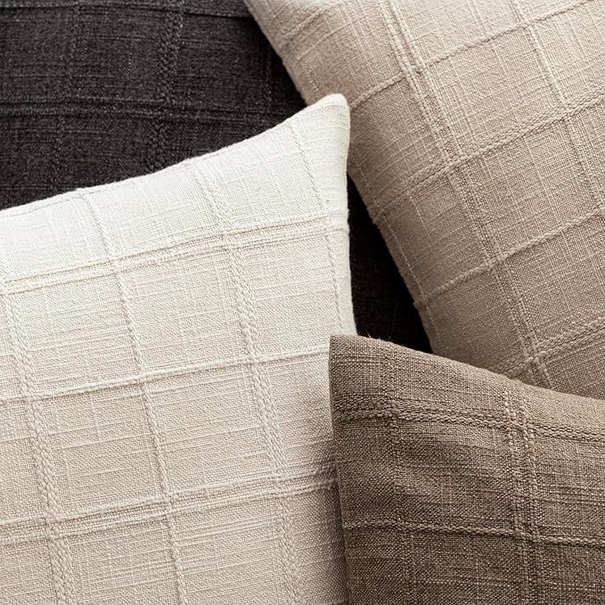 Foindtower Set of 2 Decorative Linen Check Throw Pillow Covers Neutral Farmhouse Vintage Cushion Covers Modern Boho Home Decor For Sofa Chair Couch Bedroom Living Room Outdoor,26×26 Inch,Natural Beige