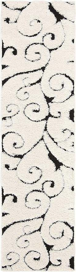 SAFAVIEH Florida Shag Collection Runner Rug - 2'3" x 11', Ivory & Black, Scroll Design, Non-Shedding & Easy Care, 1.2-inch Thick Ideal for High Traffic Areas in Living Room, Bedroom (SG455-1290)
