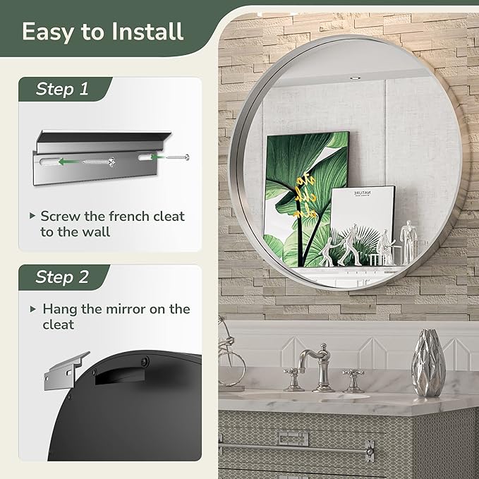 TokeShimi Round Mirror 36 Inch Brushed Silver Round Bathroom Mirror for Wall Non-Rusting Aluminum Alloy Brushed Silver Matte Metal Frame Modern Circle Mirror Fit in Minimalist Multi Style for Decor