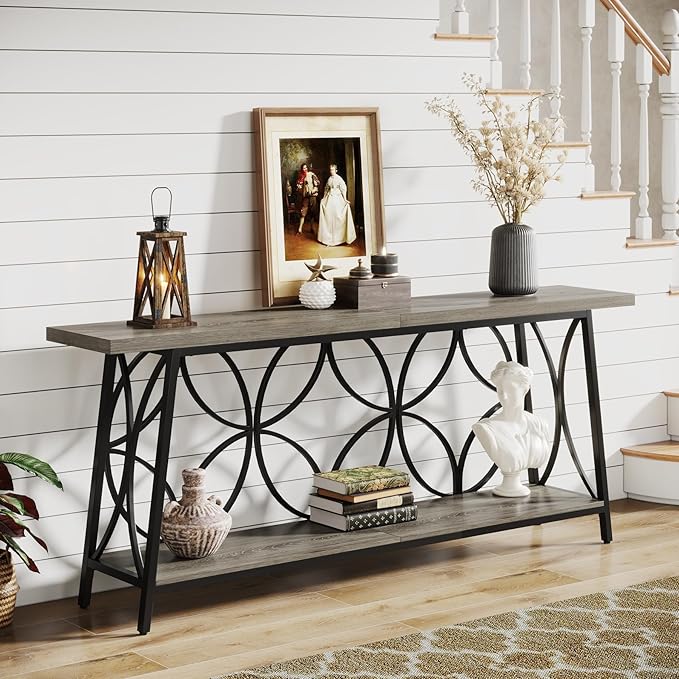 70.9-Inch Sofa Table, 2-Tier Narrow Console Table with Storage for Entryway, Living Room, Hallway, Foryer, Geometric Pattern Design (Grey)