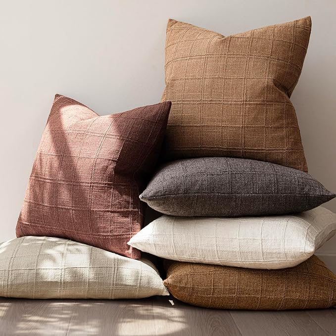Foindtower Set of 2 Decorative Linen Check Throw Pillow Covers Neutral Farmhouse Vintage Cushion Covers Modern Boho Home Decor for Sofa Chair Couch Bedroom Living Room Outdoor,22×22 Inch,Autumnal Red