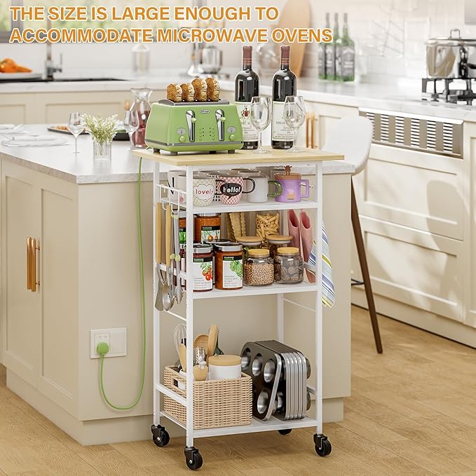 Rolling Kitchen Microwave Cart, 4 Tier Microwave Table Stand with Storage, Kitchen Storage Rack on Wheels, Coffee Station Cart Rack Shelf Organizer for Living Room Office, Balcony