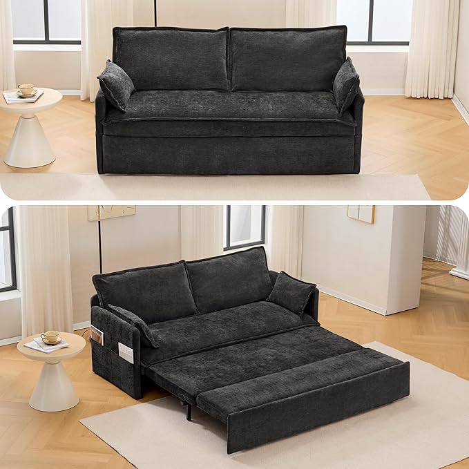 Furnimart 59.5" Queen Size Pull Out Sofa Bed, 3 in 1 Convertible Sleeper Bed with USB/C-Type Charging Ports & Side Pockets, Modern Futon Couch for Living Room, Apartment, RV, Chenille Black