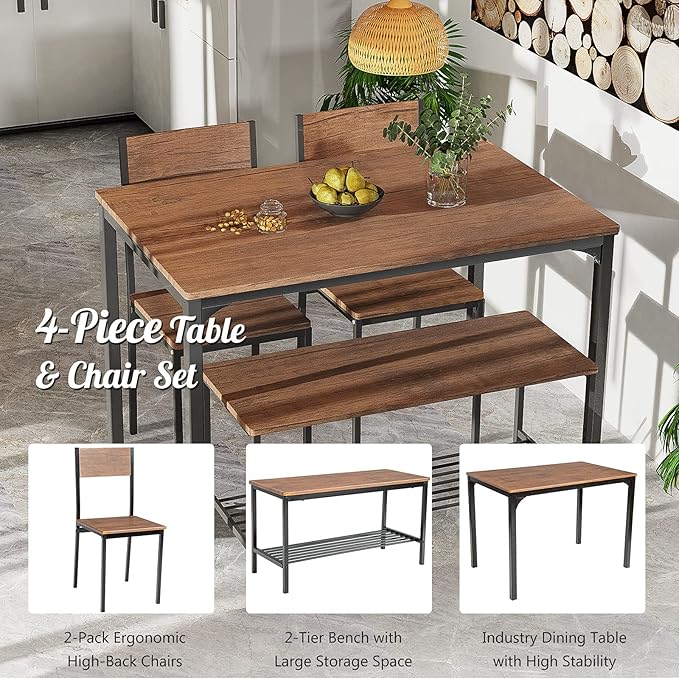 Giantex Dining Table Set for 4, 43" Kitchen Table and Chairs, Dining Bench with Metal Frame & Storage Rack, 4-Piece Modern Functional Desk Set for Dinette, Small Space, Apartment, Restaurant, Brown