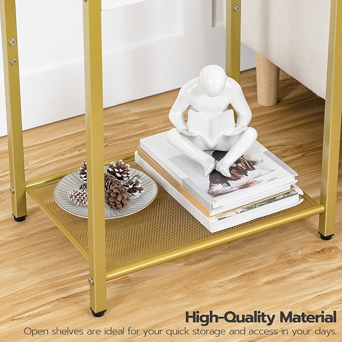 HOOBRO End Table with Charging Station, Side Table with USB Port & Power Outlets, 3-Tier Slim Nightstand with Storage Shelves, Tempered Glass, for Living Room, Bedroom, Gold GD77UBZ01