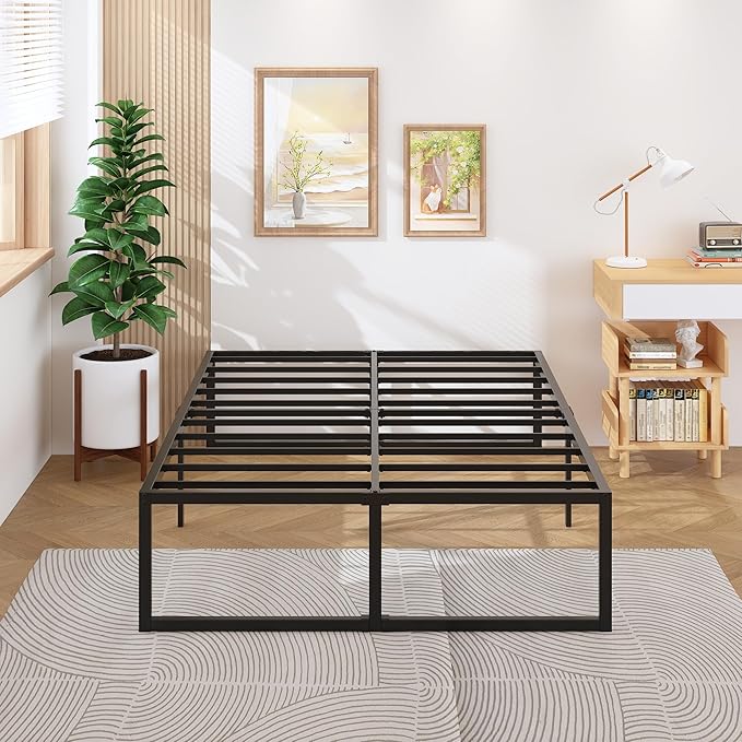 18 Inch Queen Bed Frame Heavy Duty Steel Slat Support Metal Queen Size Platform Bed Frame No Box Spring Needed, Easy Assembly, Black