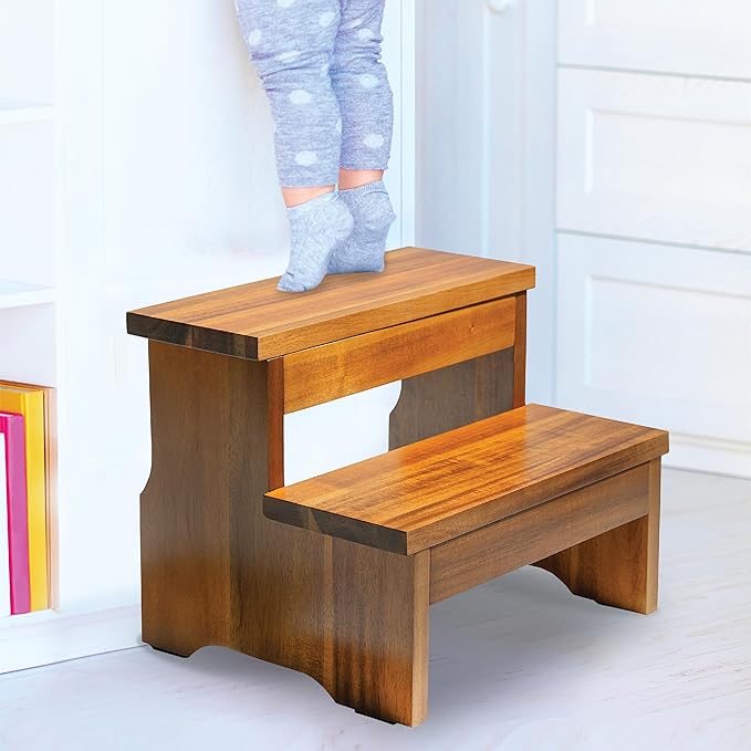 Wooden Two Step Stool, Heavy Duty 2-Step Ladder for Adults & Kids, Supports up to 450lbs for Kitchen, Bathroom or Bedside Use (Acacia Wood)