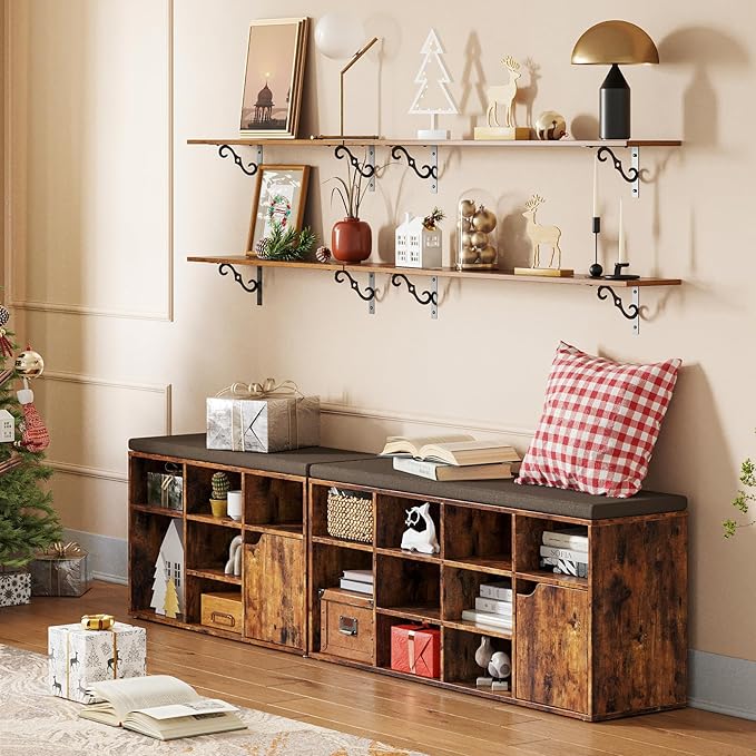 DINZI LVJ Long Wall Shelves, 23.6 Inch Large Floating Shelves Set of 2, Wide Display Shelf Wall Mounted with Brackets, Easy Hanging for Living Room, Toilet, Office, Bedroom, Rustic Brown