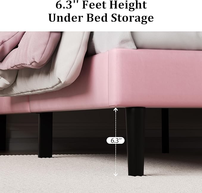 King Size Platform Bed Frame with Upholstered Velvet Button Tufted Headboard, Mattress Foundation with Wooden Slat Support, No Box Spring Needed, Easy Assembly, Noise Free, Pink
