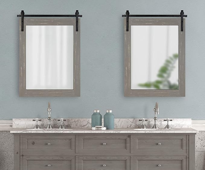 Kate and Laurel Cates Rustic Wall Mirror, 22" x 30" Rustic Gray, Farmhouse Barn Door-Inspired Wall Decor