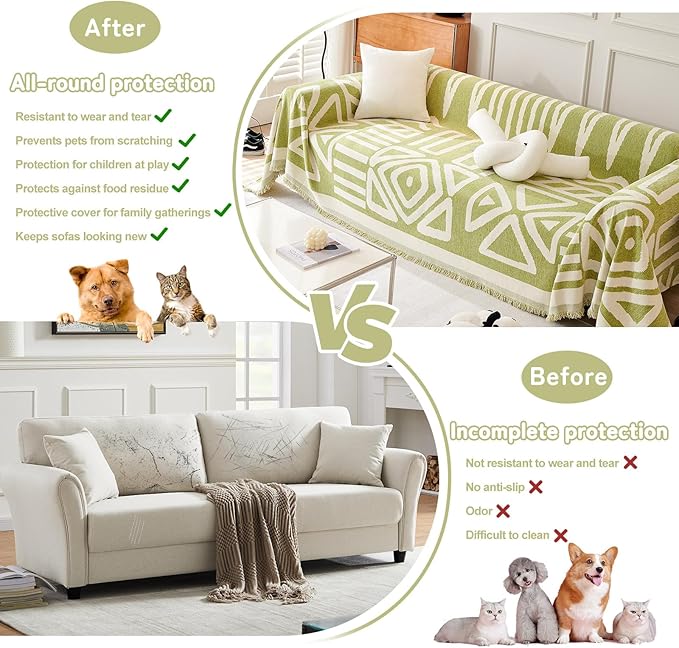HANDONTIME Green Sofa Covers Chenille Couch Covers Universal Sofa Cover Boho Cover for Sofa 3 Seats Dogs Couch Furniture Protector Couch Cushion Covers Sectional Couch Covers for L Shaped, 91" X118"