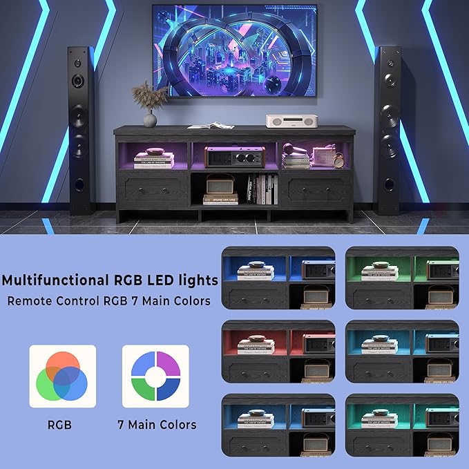 IRONCK TV Stand for 65 Inch TV, 63" LED Entertainment Center with Storage Cabinets, Power Outlets and Open Shelf, Media Console TV Cabinet with Drawers for Living Room, Black