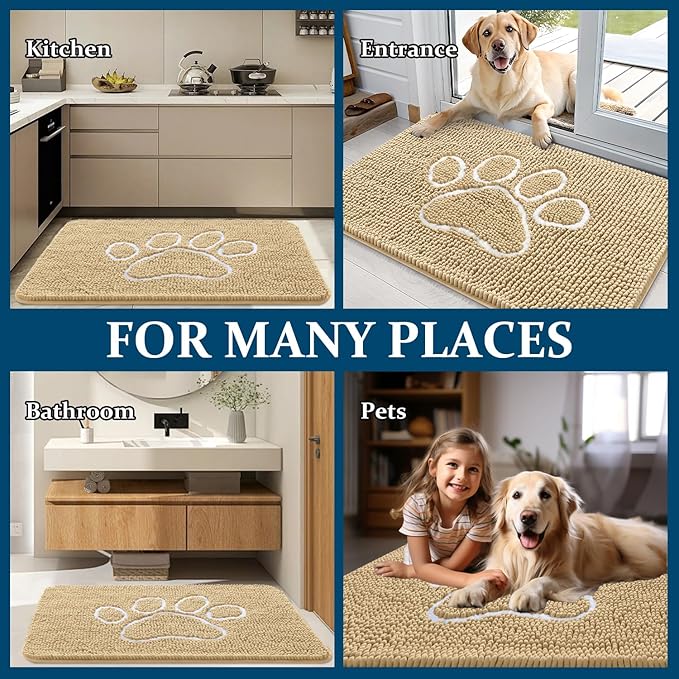 OLANLY Door Mat for Muddy Dog Paws 70x46, Ultra Absorbent Chenille Mud Doormat with Paw Print Design, Non-Slip Washable Doormat for Indoor Entryway, Quick-Dry Pet Bed Mats for Dirty Dogs, Beige