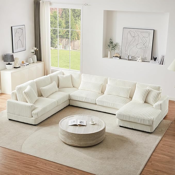 129" Oversized U Shaped Modular Sectional Sofa Couch for Living Room 7 Seater Plush Corduroy Upholstered Large Sofa Deep Seat Cloud Couch with Extra Wide Chaise Lounge and Detachable Thick Cushions