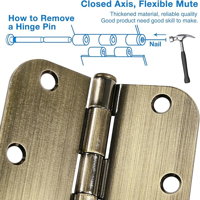 18 Pack Door Hinges Antique Brass 3.5 Inch Interior 3 1/2" Round 5/8" Radius Heavy Duty Metal Hardware Kit 3 ½" 5/8" Radius Flat Hinge for Bifold Doors Decor Master Bedroom Storage Room