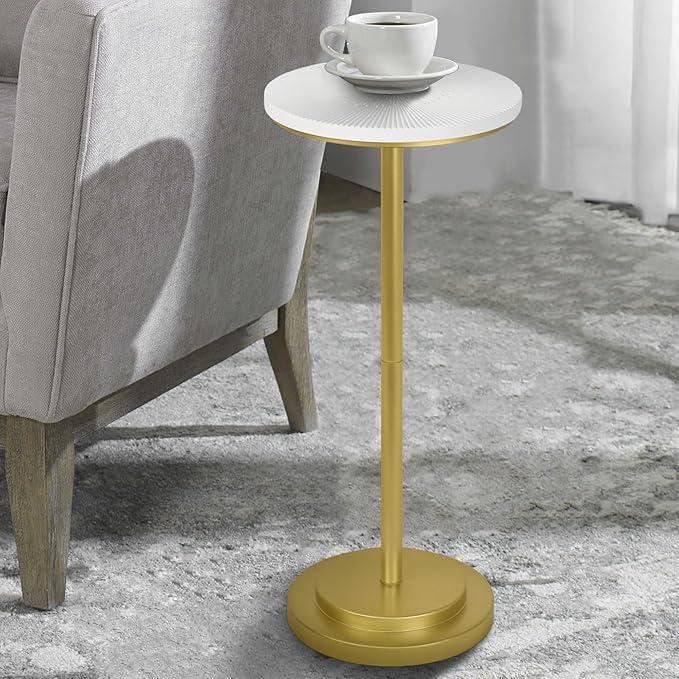 Drink Table, Carved Table Top Small Pdestal Martini SideTable for Living Room, Bedroom, Modern, Weighted Base, White and Gold