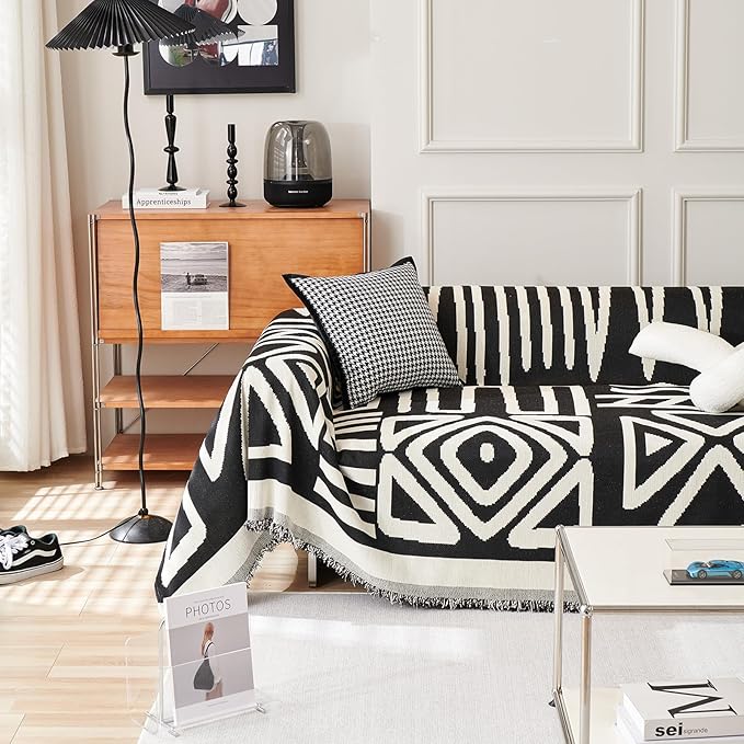 HANDONTIME Boho Sofa Covers for Dogs Black Couch Sofa Covers for 3 Cushion Couch Sofa Beige Chenille Sofa Slipcover Washable Sectional l Shaped Covers Pets Protector Furniture Covers, 91" X150"