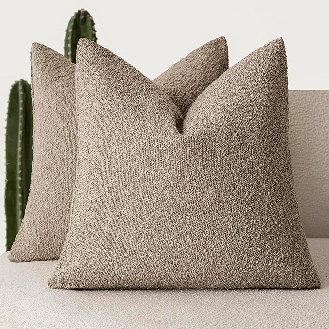 Foindtower Set of 2, Decorative Textured Boucle Throw Pillow Covers Accent Solid Pillow Cases Neutral Cozy Couch Cushion Case for Chair Sofa Bedroom Living Room Home Decor 16x16 Inch Light Khaki Tan
