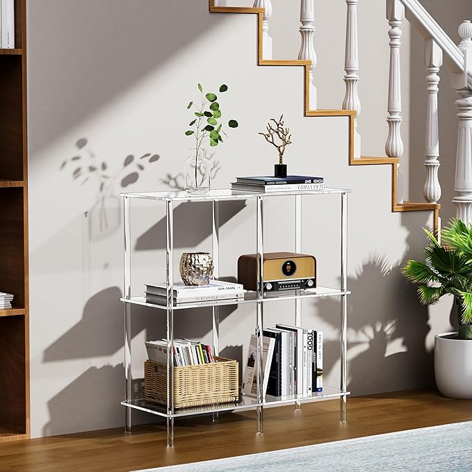 Acrylic Side Table Clear 3-Tier End Table for Living Room, Office, Hallway, Bedroom Small Bedside Table (8mm 31.7" high)