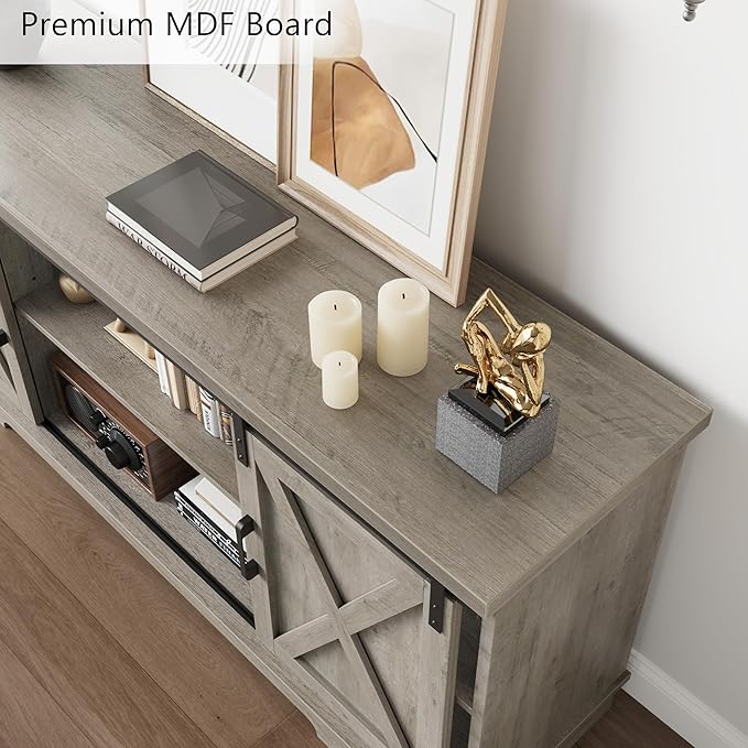 IDEALHOUSE Farmhouse Tv Stand for 65 Inches TVs, Entertainment Center with Storage and Sliding Barn Doors, Adjustable Shelf Modern Media TV Console TV Stand Table for Living Room, Bedroom, Grey
