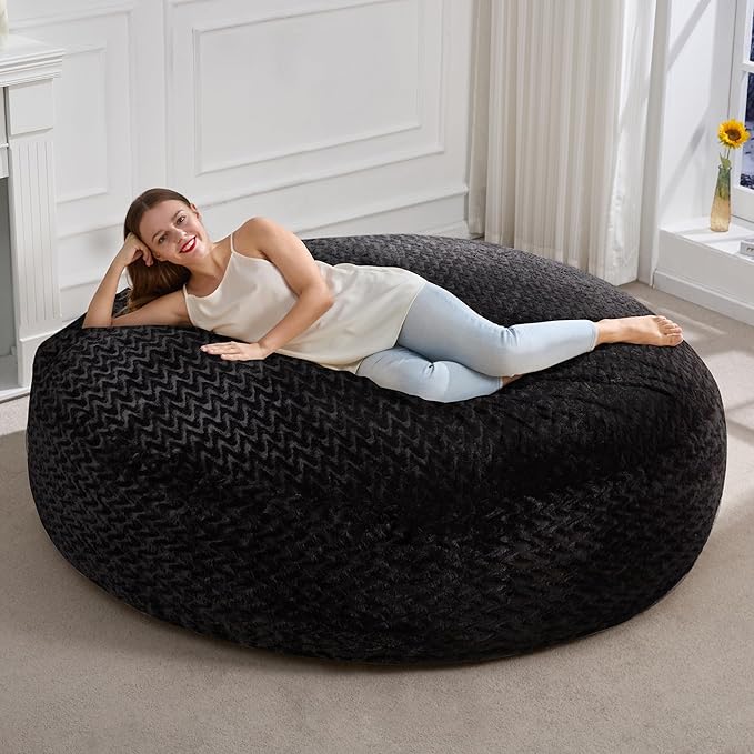 Hobestluk 6ft Bean Bag Chairs for Adults Large Beanbag Chair with Chevron Plush Fur Cover Big Bean Bag Chair for Living Room Bedroom Dorm Office - Black (70" x 70" x 15")