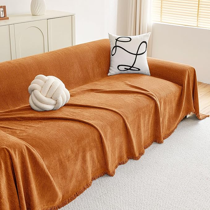 hyha Couch Cover for Dogs, Boho Sofa Covers for 3 Cushion Couch Washable, Chenille Sofa Slipcover for Pets, Soft Loveseat Sectional Couch Throw Blankets with Tassels (Orange, 71x118 Inch)