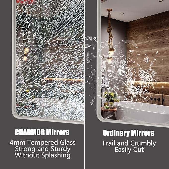 48x30 Silver Brushed Bathroom Mirror for Wall, Brushed Silver Metal Framed Bathroom Vanity Mirror, Rounded Rectangle Mirror, Shatterproof, Anti-Rust (Horizontal/Vertical)