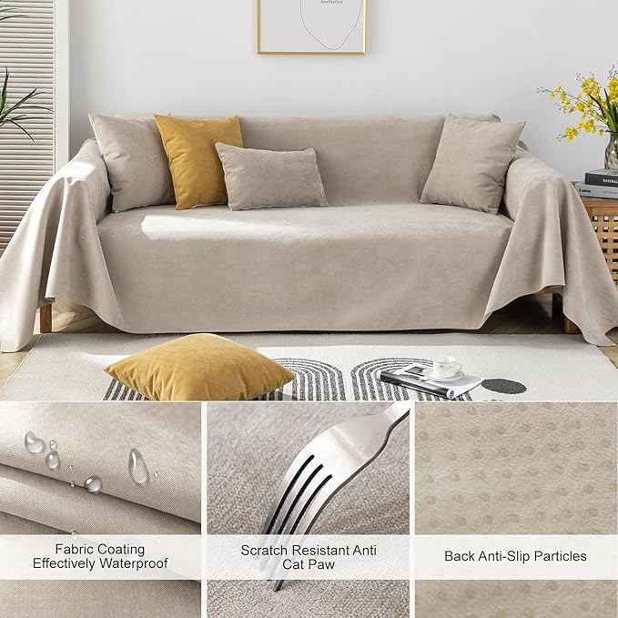 STACYPIK Waterproof Non-Slip Beige Couch Cover for Dogs, Anti-Cat Scratch Sofa Covers for Pets, Non-Slip Couch Covers for 2-3 Cushion Couch, Loveseat for Sectional Sofa, Furniture Protector-71X102IIN