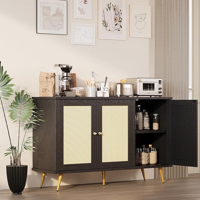 Shintenchi Large Rattan Storage Cabinet, Modern Sideboard Cabinet, Accent Large Storage Space Cabinet with Rattan Decorated Doors for Living Room, Dining Room, Black
